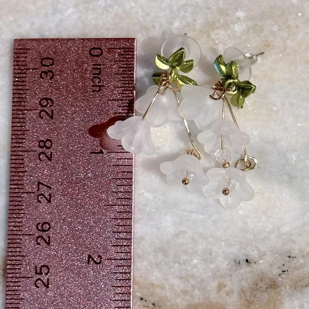Post Style Frosted Lily of The Valley and Enamel Leaves Dangle Earrings Gold - Picture 3 of 3